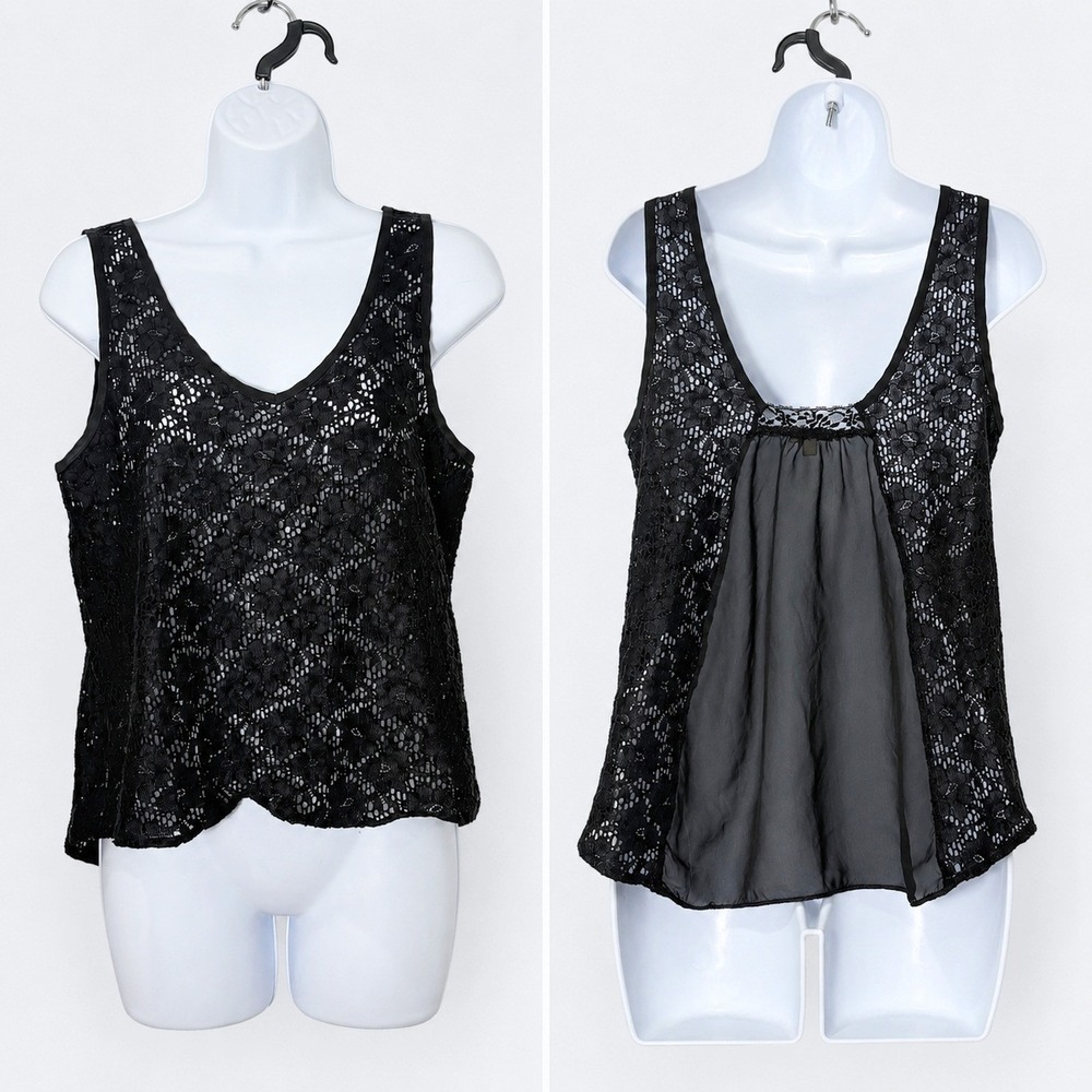 Womens Black Lace Sheer Back Fairy Grunge Top Size S Goth Dark Romantic Layering